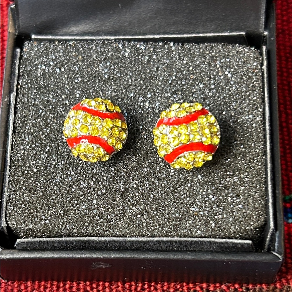 Yellow and Red Rhinestone Softball Pierced Earrings, Fast-pitch, Stud